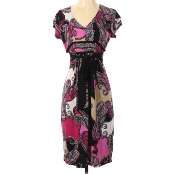 Attention Pink Paisley Belted Casual Dress XS short sleeve mini stretch xs - Picture 1 of 7